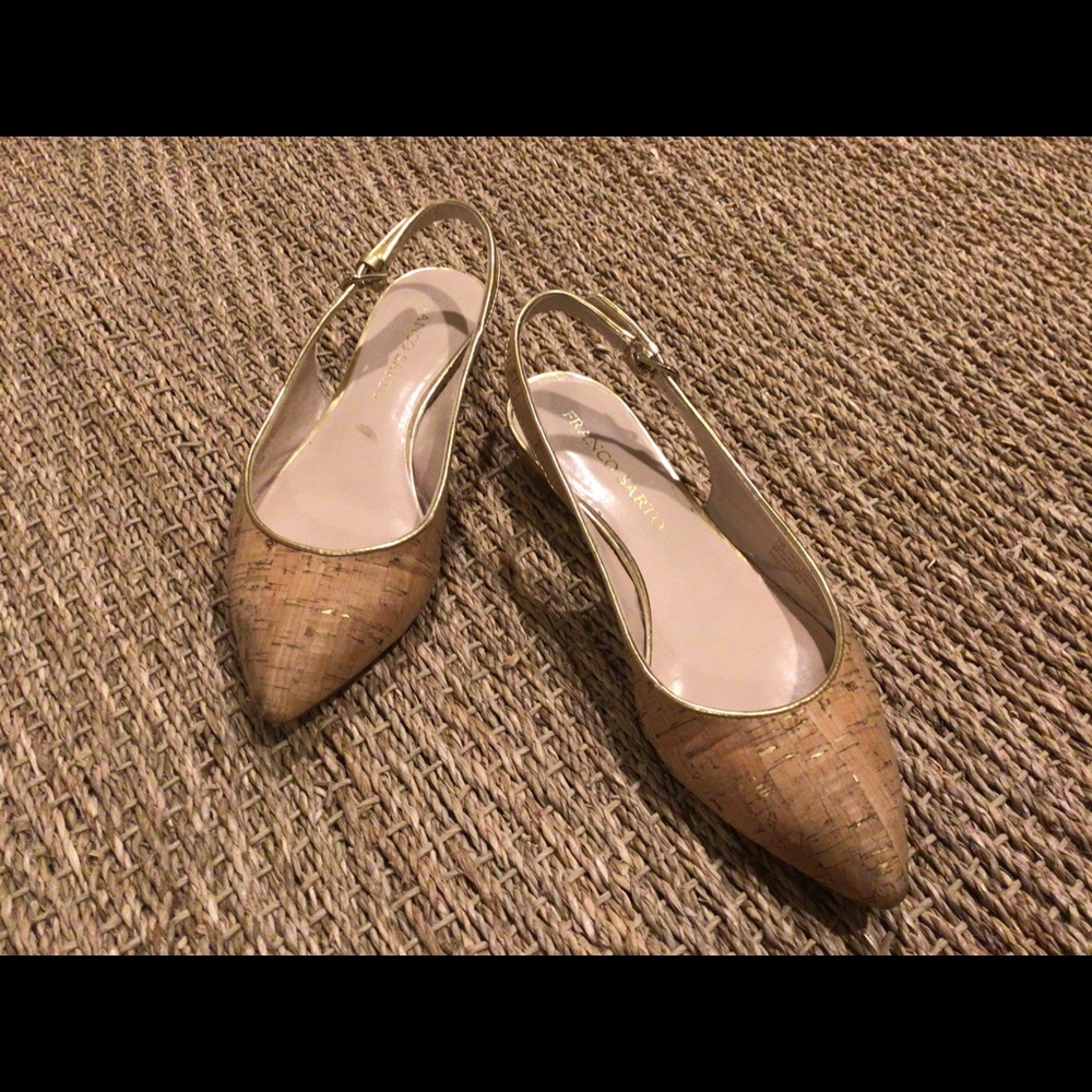 Shoes, Franco Sarto, cork and gold pattern sling backs, size 6.5
